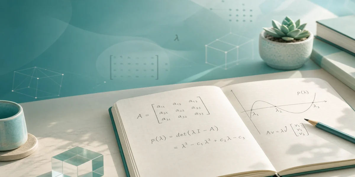 Notebook with characteristic polynomial formulas, matrix grid, and eigenvalue graph on a soft-teal study desk